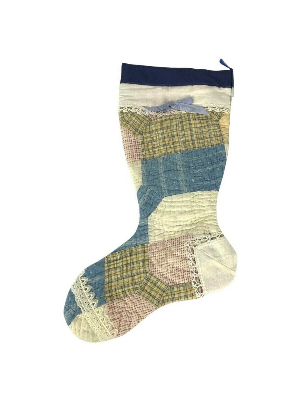 Handmade Patchwork Quilt Christmas Stocking With Lace Trim Blue Satin Ribbon Top